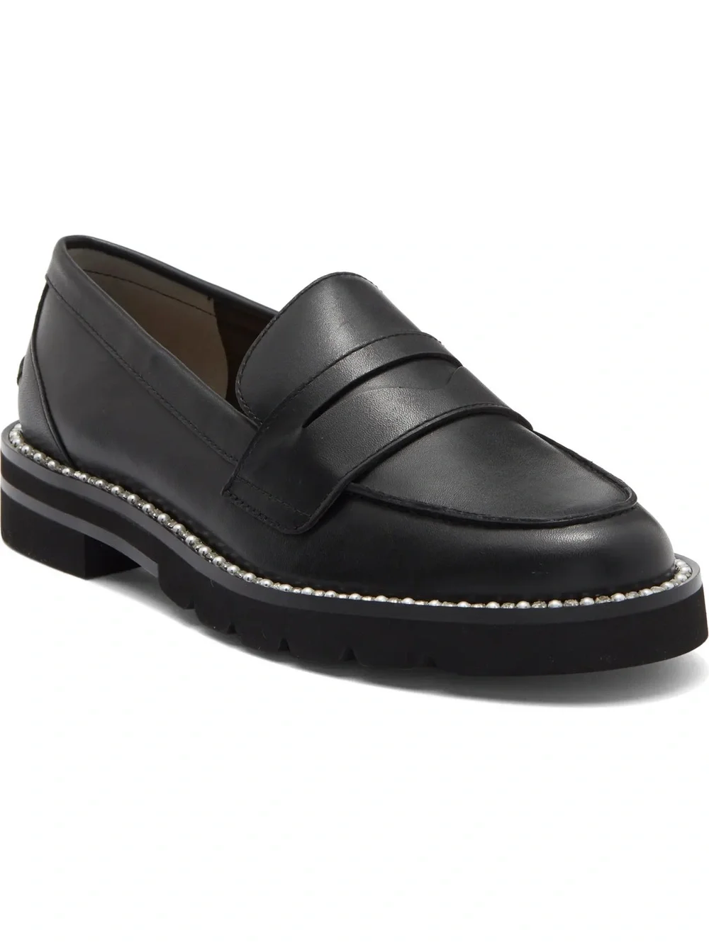 Stuart Weitzman Monty Black Leather Pearl Trim Penny Loafers Size 7.5 NWOB